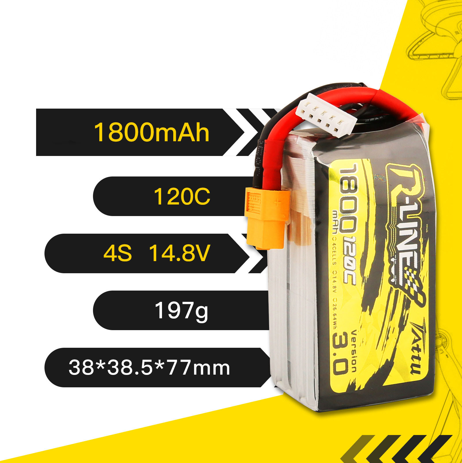 аккумулятор для fpv дрона 4S1P 120C 1800mAh 14.8V