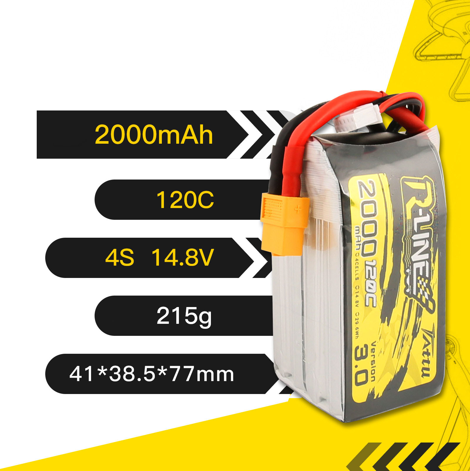 аккумулятор для fpv дрона 4S1P 120C 2000mAh 14.8V